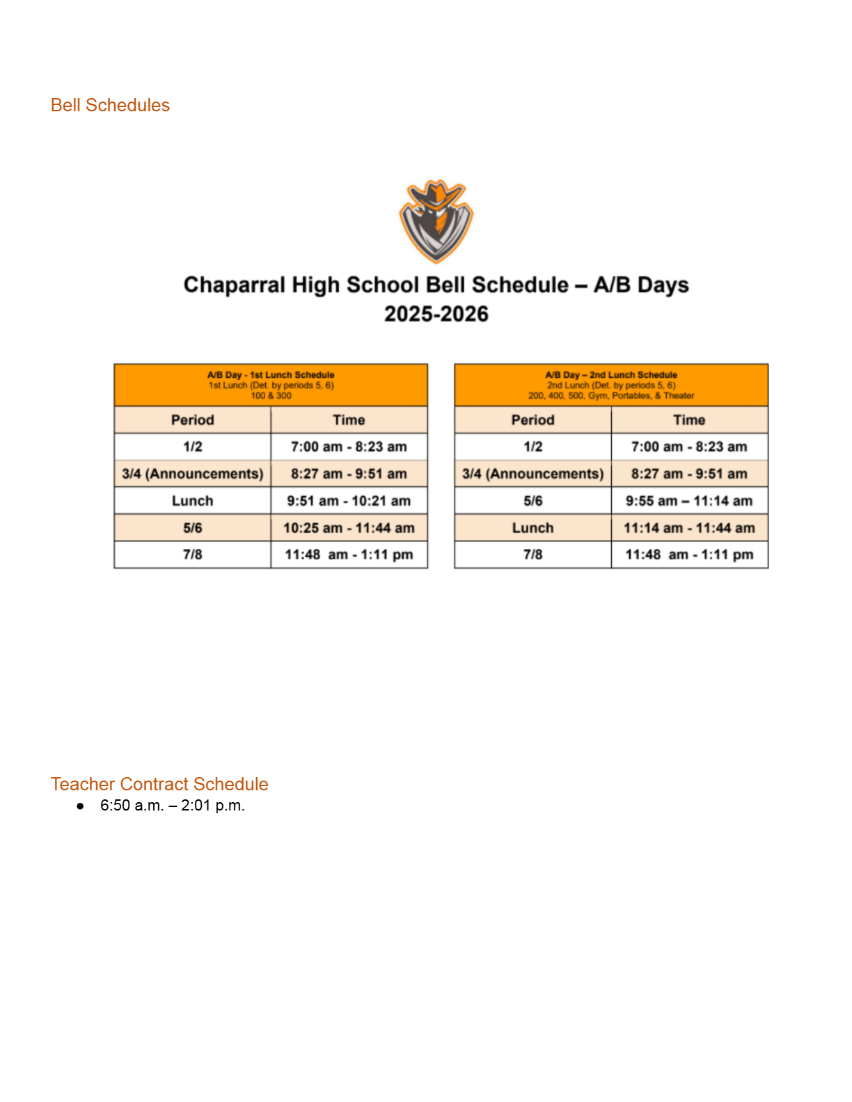 A/B Day 1st Lunch Schedule at Chaparral High School