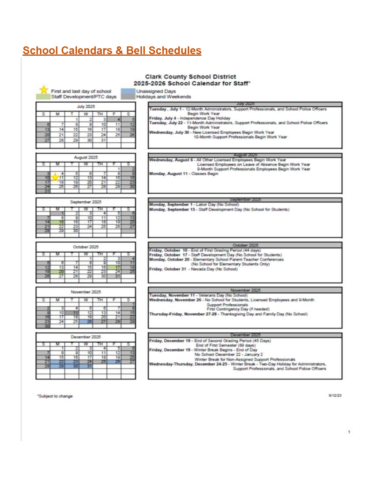 Clark County School District Calendar
