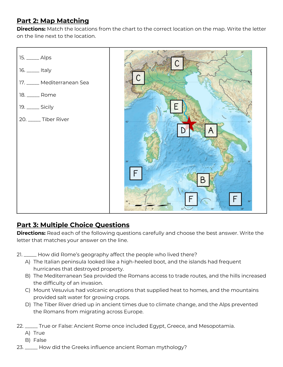 Physical map of Italy labeled with boxes A, B, C, D, E, F; a red star marks Rome near central-western Italy.