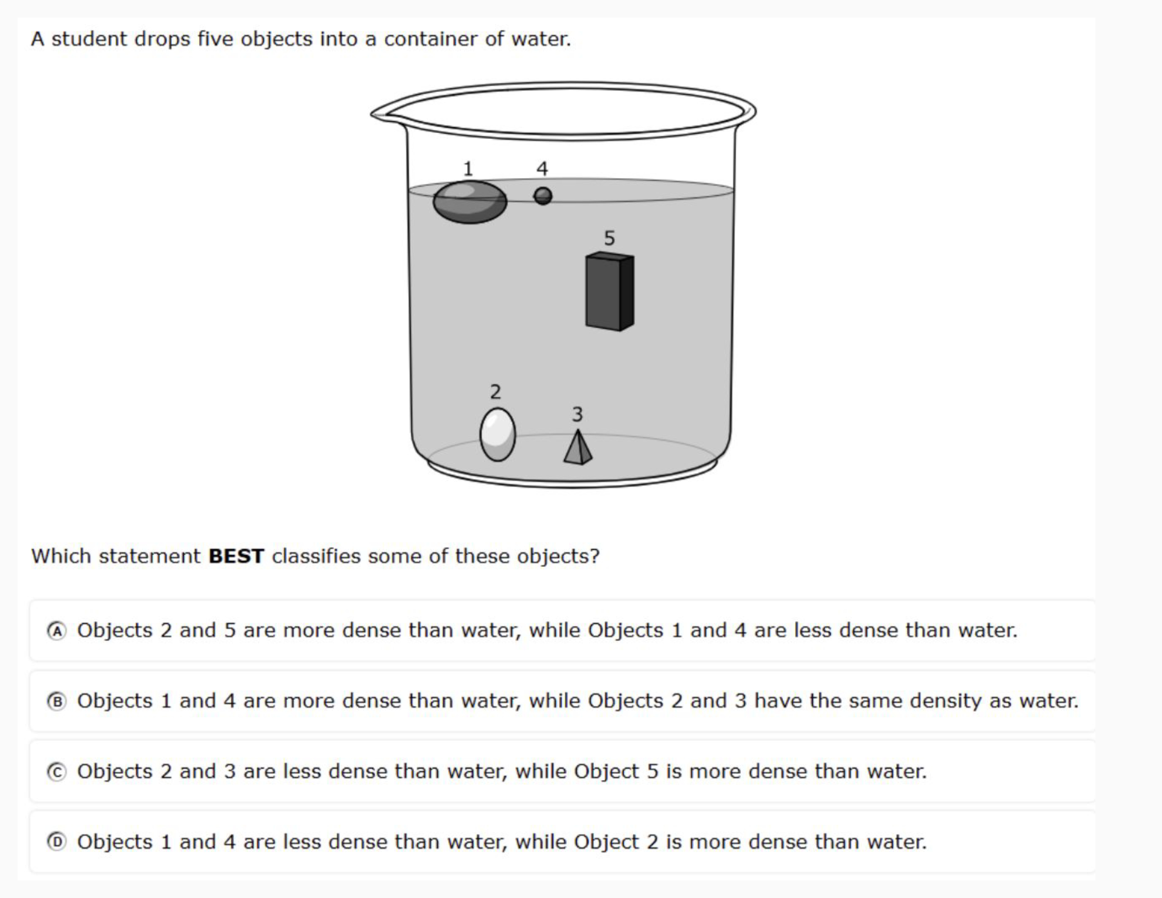 Density Classification of Objects in Water Quiz